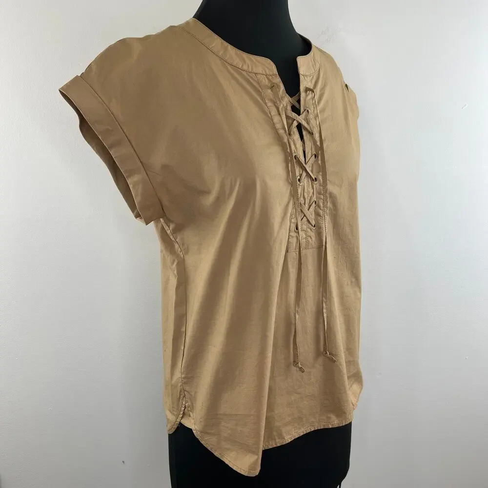 J.CREW Lace Up Popover Short Sleeve Top Brown Tan 100% Cotton Style G3922 Size 4